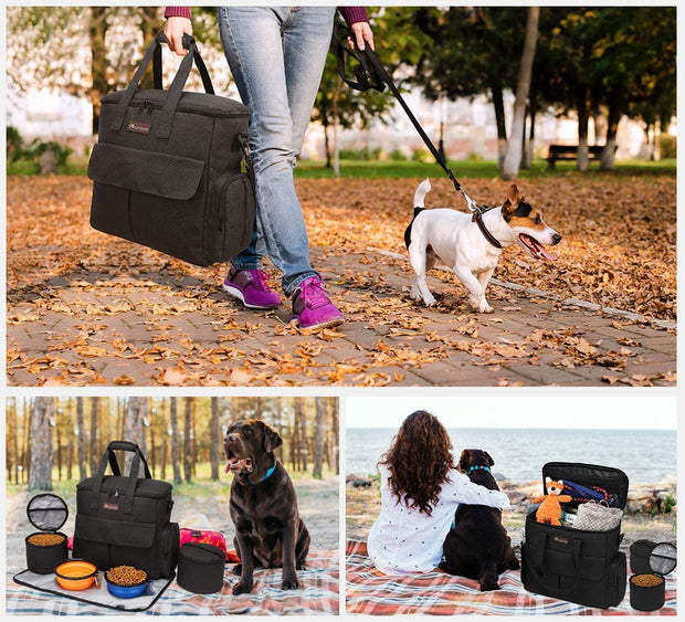 "Ultimate Dog Travel Kit: Organized Bag with Bowls and Food Containers for a Weekend Adventure with Your Furry Friend (Black)"