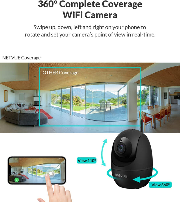 "Ultimate Indoor Security Camera: 1080P FHD Wifi Pet Camera with 2-Way Audio, Night Vision, AI Human Detection, and Cloud Storage - Perfect for Pets, Babies, and Home Security - Sleek Black Design"