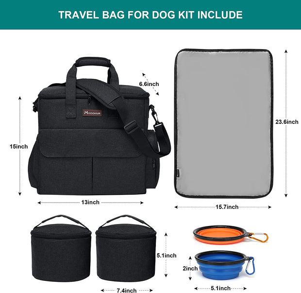 "Ultimate Dog Travel Kit: Organized Bag with Bowls and Food Containers for a Weekend Adventure with Your Furry Friend (Black)"